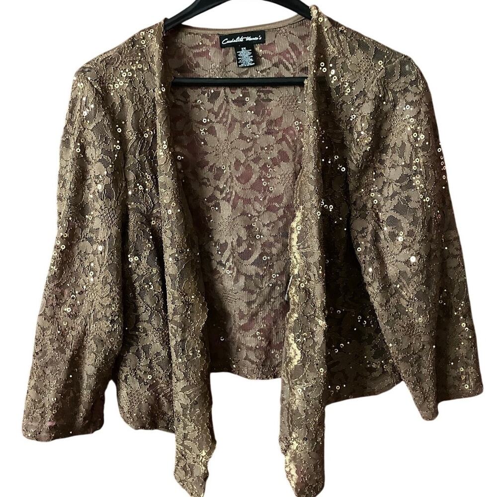 Chic Candalite 2X Brown Lace Cardigan with Scallop Detail